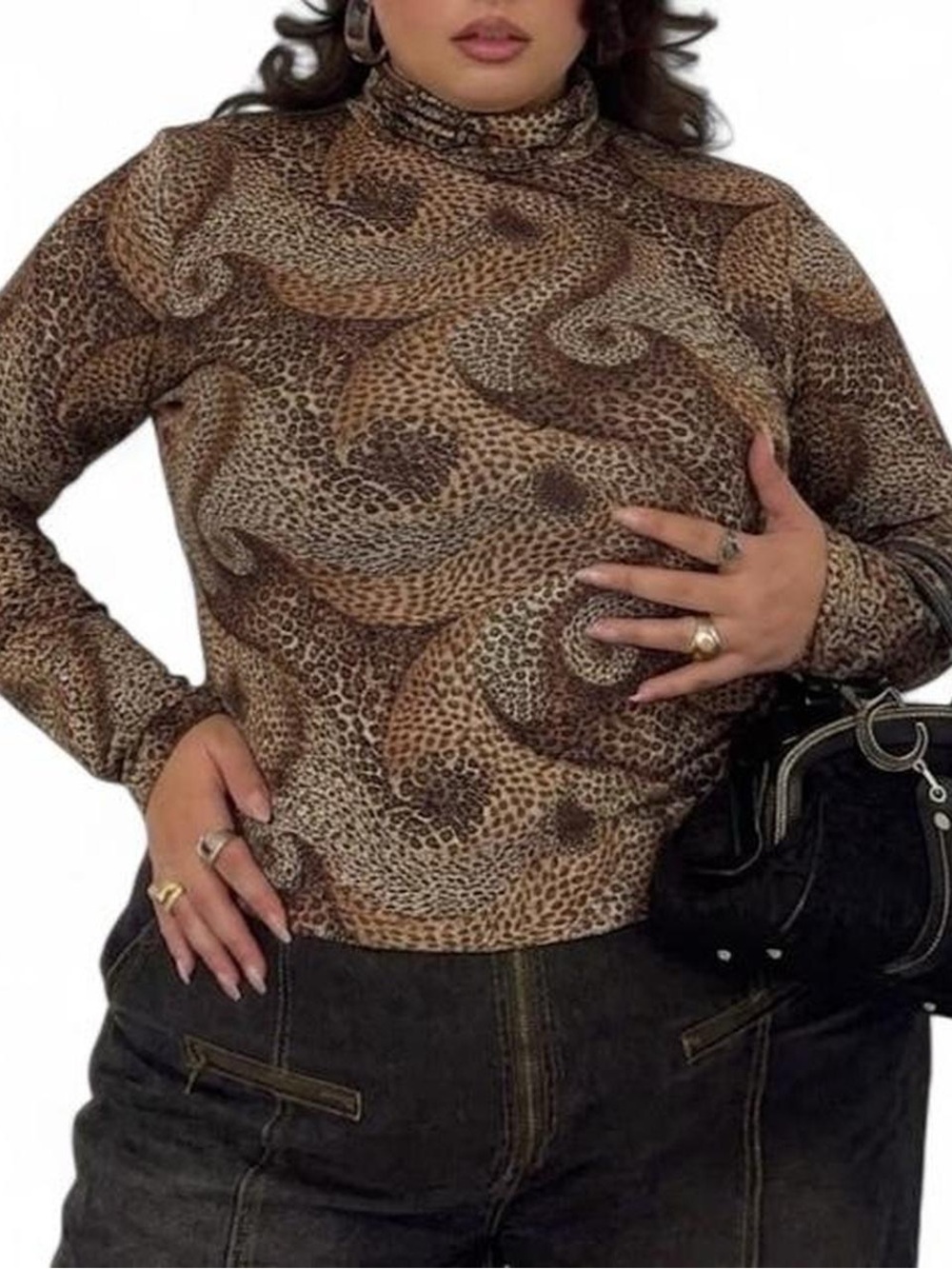 Vintage Swirl Leopard Print Turtleneck Top Long Sleeve Brown Cheetah 2XL
